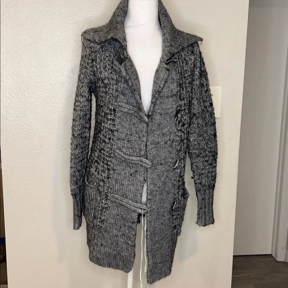 LOFT Gray Cable Knit Cardigan Sweater Dress Shawl Collar Double Breasted Small - Picture 1 of 8
